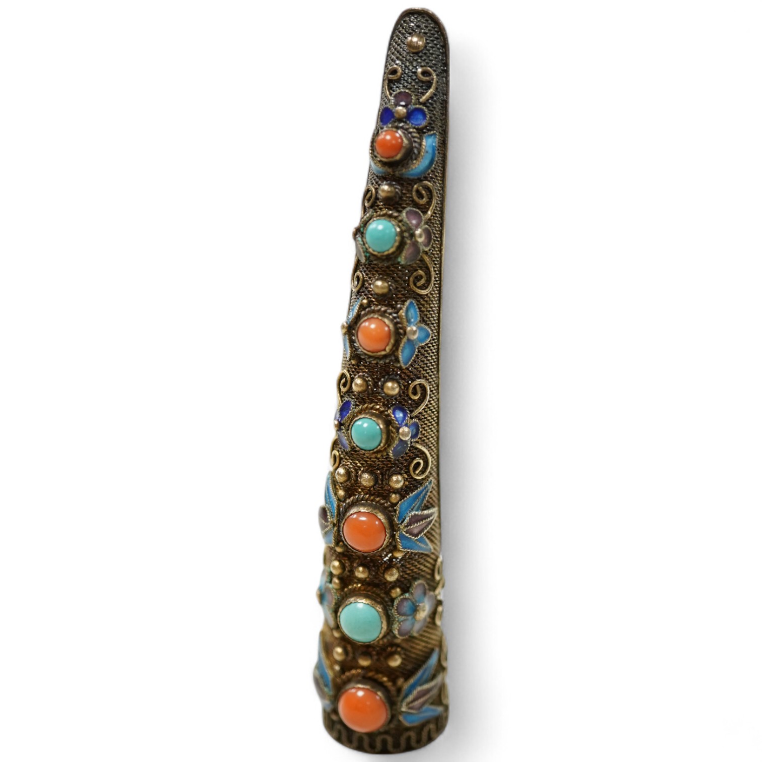 A Chinese silver gilt coral and turquoise nail guard brooch, composed of filigree, set with coral and turquoise cabochons, applied with foliate designs in blue enamel, length 8.4cm, stamped SILVER, Condition: in good con
